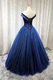 A-Line Tulle Beading Long Prom Dresses, Off the Shoulder Evening Dresses HZ1024