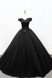 A-Line Tulle Beading Long Prom Dresses, Off the Shoulder Evening Dresses HZ1024