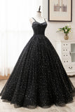 Black Tulle Long A-Line Long Prom Dresses, Black Evening Party Dresses HZ1024
