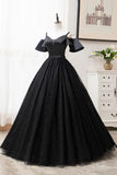 Black V-Neck Tulle Long Prom Dresses, A-Line Black Evening Dresses HZ1024