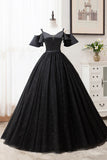 Black V-Neck Tulle Long Prom Dresses, A-Line Black Evening Dresses HZ1024