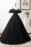 Black V-Neck Tulle Long Prom Dresses, A-Line Black Evening Dresses HZ1024