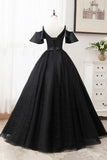 Black V-Neck Tulle Long Prom Dresses, A-Line Black Evening Dresses HZ1024