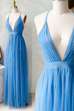 A-Line Tulle Long Prom Dresses, Simple V-Neck Party Dresses HZ1024
