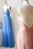A-Line Tulle Long Prom Dresses, Simple V-Neck Party Dresses HZ1024