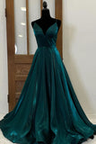 Green Satin Long Prom Dresses, Simple V-Neck Evening Dresses HZ1024