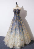 A-Line Strapless Tulle Long Prom Dresses, Cute Evening Party Dresses HZ1024