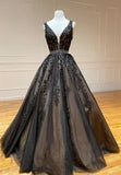 Black V-Neck Lace Long Prom Dresses, A-Line Evening Dresses HZ1024
