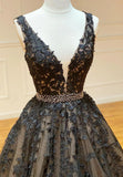 Black V-Neck Lace Long Prom Dresses, A-Line Evening Dresses HZ1024