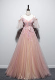 Pink V-Neck Lace Long Prom Dresses, A-Line Evening Dresses HZ1024