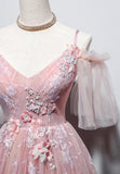 Pink V-Neck Lace Long Prom Dresses, A-Line Evening Dresses HZ1024