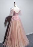 Pink V-Neck Lace Long Prom Dresses, A-Line Evening Dresses HZ1024