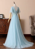 Blue V-Neck Lace Long Prom Dresses, A-Line Evening Dresses HZ1024