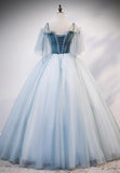 Lovely Spaghetti Strap Blue Long Prom Dresses, Lace Evening Dresses HZ1024