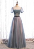 Grey Tulle Long Prom Dresses, A-Line Evening Dresses HZ1024