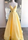 Yellow Satin Long Prom Dresses, A-Line Backless Evening Dresses HZ1024