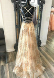 Champagne V-Neck Sequins Long Prom Dresses, A-Line Evening Dresses HZ1024