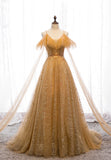 Gold V-Neck Tulle Long Prom Dresses, A-Line Evening Dresses HZ1024