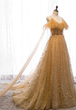 Gold V-Neck Tulle Long Prom Dresses, A-Line Evening Dresses HZ1024