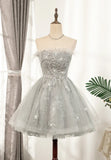 Gray Strapless Feather Short Prom Dresses, Cute Party Dresses HZ1024