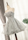 Gray Strapless Feather Short Prom Dresses, Cute Party Dresses HZ1024