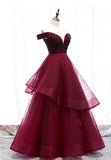 Burgundy Tulle Long A-Line Prom Dresses, Off the Shoulder Evening Dresses HZ1024