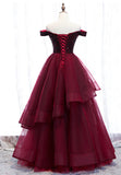 Burgundy Tulle Long A-Line Prom Dresses, Off the Shoulder Evening Dresses HZ1024