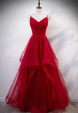 Burgundy Tulle Long Prom Dresses, V-Neck Evening Dress HZ1024