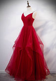 Burgundy Tulle Long Prom Dresses, V-Neck Evening Dress HZ1024