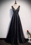 Black V-Neck Tulle Long Prom Dresses, A-Line Evening Dresses HZ1024