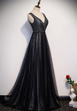 Black V-Neck Tulle Long Prom Dresses, A-Line Evening Dresses HZ1024