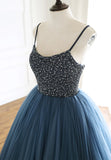 Blue Tulle Long Prom Dresses, A-Line Evening Dresses with Beading HZ1024