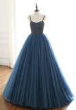 Blue Tulle Long Prom Dresses, A-Line Evening Dresses with Beading HZ1024