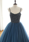 Blue Tulle Long Prom Dresses, A-Line Evening Dresses with Beading HZ1024