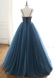 Blue Tulle Long Prom Dresses, A-Line Evening Dresses with Beading HZ1024
