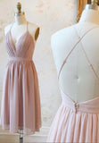 Pink V-Ncek Chiffon Prom Dresses, A-Line Backless Short Dresses HZ1024