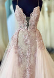Plunging V-Neck Lace Long Prom Dresses, Pink Evening Dresses HZ1024