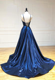 Simple Satin Long Prom Dresses, A Line Blue Evening Dresses HZ1024