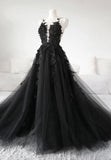 Black Tulle Lace Long Prom Dress, Black Formal Graduation Dress HZ1024