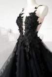 Black Tulle Lace Long Prom Dress, Black Formal Graduation Dress HZ1024