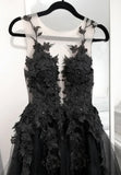 Black Tulle Lace Long Prom Dress, Black Formal Graduation Dress HZ1024