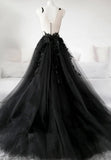 Black Tulle Lace Long Prom Dress, Black Formal Graduation Dress HZ1024