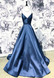 Blue Satin Long A-Line Prom Dress, Simple V-Neck Evening Dress HZ1024