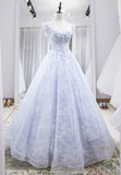 Light Blue Tulle Lace Long Prom Dress, A-Line Graduation Dress HZ1024