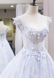 Light Blue Tulle Lace Long Prom Dress, A-Line Graduation Dress HZ1024