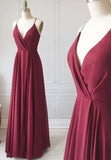 Burgundy Chiffon Long Prom Dress, Simple V-Neck Evening Dress HZ1024