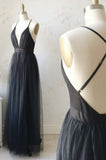 Simple Tulle Long Prom Dress, A Line Backless Evening Dress HZ1024