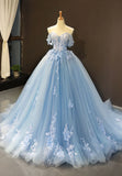 Blue Tulle Long A-Line Prom Dress, Off the Shoulder Evening Dress HZ1024