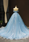 Blue Tulle Long A-Line Prom Dress, Off the Shoulder Evening Dress HZ1024