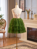 Green Tulle Layer Knee Length Prom Dress, A-Line Strapless Evening Party Dress HZ1024